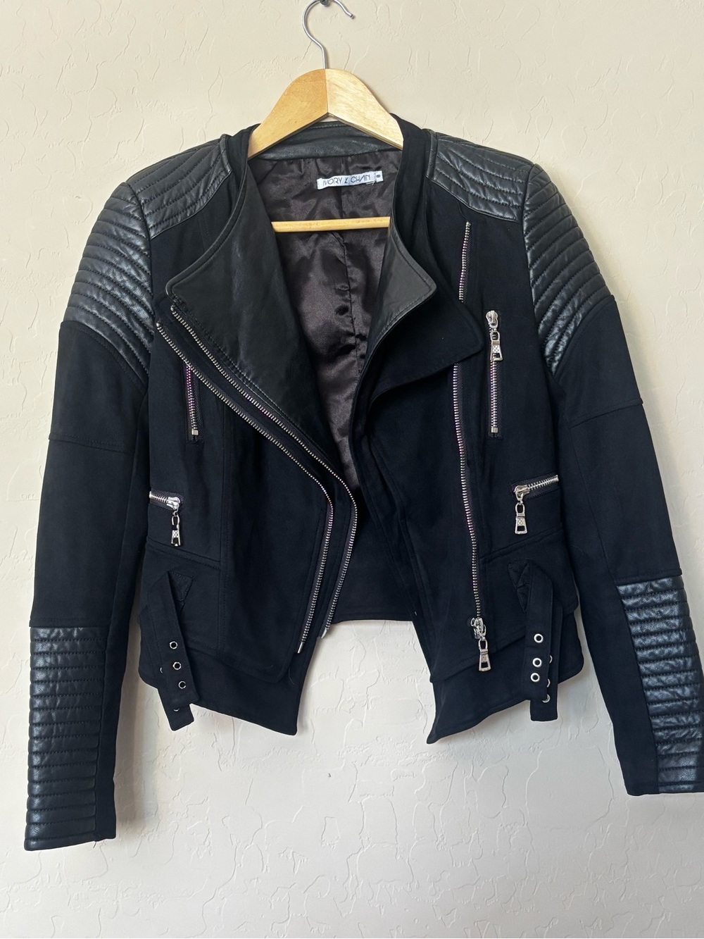 Black Moto Jacket with Quilted Leather Trim - Women's Coat